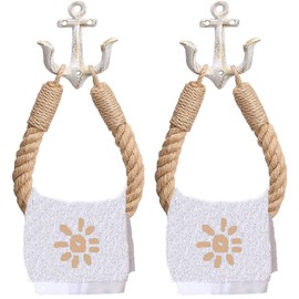 Amerla 2 Pcs Nautical Rope Toilet Paper Holder Wall-Mounted Towel Ring Nautical Toilet Paper Holder with Metal Hooks Coastal Towel Rack Natural Antique Rope （White+White）