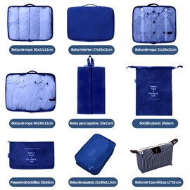 Organizadores de Viaje Para Maletas-9 PCS Organizador de Equipaje Impermeable Organizador de Maleta Bolsas Ligero de Gran Capacidad Para Ropa Zapatos Cosméticos de Bolsas Organizadoras de Viaje(Azul)