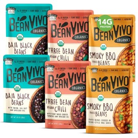 BeanVIVO - Variety 6 Pack (10 oz each) - Organic Baja Black Beans, Three Bean Vegan Chili, BBQ Pinto Beans - Seasoned & Ready to Eat, Plant Protein, Vegan, Gluten Free, Microwaveable, Instant Meals