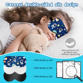 Kids Sleep Mask Eye Cover: 100% Real Natural Pure Silk Eye Mask with Adjustable Strap, Funny Blindfold Kids Eye Mask for Sleeping, Soft & Lightweight Eye Shade for Boys Girls Teens (Space Style)
