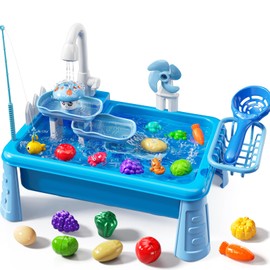JUKUDAHU Water Table Play Sink Toy for Kids 2 3 4 5 6 Years Old - Outdoor Kitchen with Running Water, Fishing Games, Toddler Water Play Table for Kids Ages 3-8, Beach Outdoor Toys, Summer Gifts(Blue)