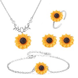 Cubahop Sunflower Pendant Necklaces Bracelets Earrings Rings Set Silver Jewellery for Women and Girls