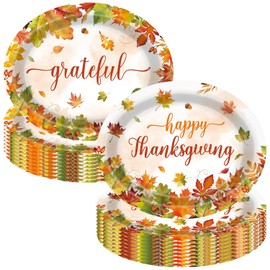 UROINEPA 50Pcs Thanksgiving Plates,12x10 Oval Fall Paper Plates Large Disposable Dinner Platters for Autumn Fall Harvest Thanksgiving Party Decorations Supplies