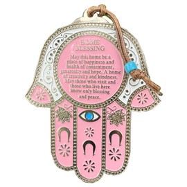 A&S Mezuzot Hamsa Hand Evil Eye Charm- Wall Décor Protection English/Hebrew Blessings Amulet Home/Business Good Luck Charms (Pink, English Blessing)