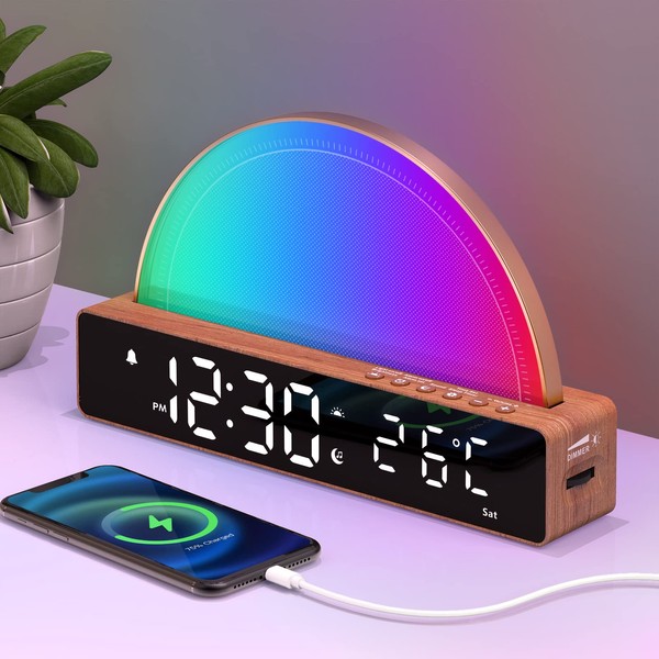 Alarm Clock with Light, Wake Up Light Alarm Clock, White Noise Machine, Bedside Lamp Touch Dimmable Table Lamp with 10 Sleep Aid Sounds/Snooze/Timer/Temperature Display/USB Charging Station, Gifts Christmas