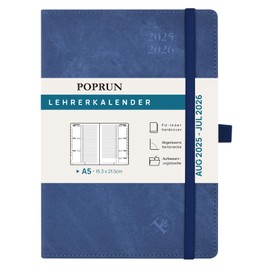 POPRUN Teacher's Calendar 2025 2026 DIN A5 - Teacher Planner 25/26 for Lesson Preparation with Monthly Index. School Planner with PU Leather Hardcover for Teachers - Dark Blue