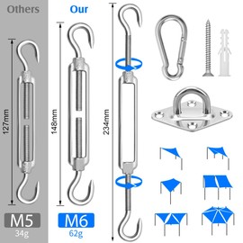 Sun Shade Sail Hardware Kit 6 Inch for Rectangle & Triangle Shade Sail Install, Stainless Steel Shade Sail Fixing Accessories for Outdoor Patio Canopy Garden, Heavy Duty Awning Attachment Set (44 Pcs) | HYASIA