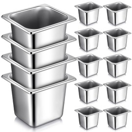 Rtteri 16 Pcs Stainless Steel Steam Hotel Pan Metal Steam Table Pan 6 Inch Deep Commercial Food Tray Catering Container Pan with 2 Pcs Tong and 4 Pcs Spoon for Restaurant Buffet (1/6 Size)