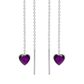 AeraVida Sweet Heart Purple Cubic Zirconia Threader Sterling Silver Pull Through Earrings | Cute Cubic Zirconia Earrings for Women | Pierced Thread Slide Earrings Gift for Daughter