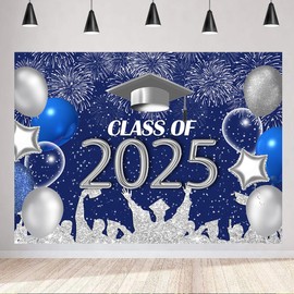 LYCGS 7x5ft Graduation Backdrop Navy Blue and Silver 2025 Graduation Party Backdrop for Class Celebration Prom Decor Banner X-52