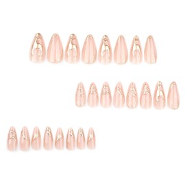 Press on Nails Almond, Fake Nails with 3D Gold Chrome Design, Medium Stiletto Acrylic Glue on Nails Press ons Glossy Full Cover Stick on False Nails for Women Manicure 24 Pcs