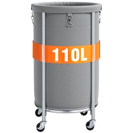 ELYKEN Laundry Hamper with Wheels, 110L Rolling Laundry Basket, Round Laundry Cart with Steel Frame and Removable Bag, 4 Casters and 2 Brakes, Dirty Clothes Hamper for Hotel, Home, Closet, Dorm, Gray