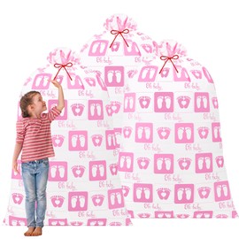 Zonon 3 Pieces 56'' Extra Large Baby Shower Bags Gift Jumbo Gender Reveal Storage Gift Wrapping Bags Oversized Holiday Plastic Birthday Gift Bags for Party Favors Gift Wrap(Pink Footprint)
