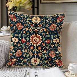 Vintage Floral Velvet Pillow Covers 20x20 Set of 2 Burnt Orange Blue Tapestry Pattern Design Art Flower Botanical Print Decorative Throw Pillowcases Farmhouse Cushion Cases Couch Sofa Bed Decor