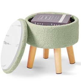 IBUYKE 13 Inch Foot Stool Ottoman with Storage, Round Small Foot Rest with Padded Seat and Wood Legs, Teddy Velvet Mini Footstool for Living Room Couch Bedroom Entryway, Green WBD006GR
