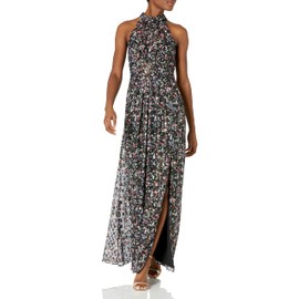 Adrianna Papell Women's Foiled Printed Chiffon Gown, Black Multi, 10