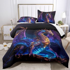 Raphus cucullatus Dragon Comforter Set Queen Size,Ancient Wild Animal Pattern Bedding Set,3D Dragon Cartoon Queen Bedding Sets for Boys
