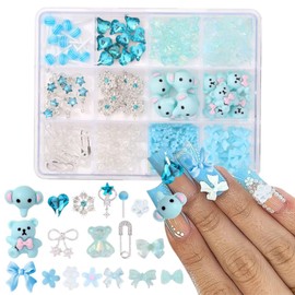 RUNRAYAY 12 Grid Blue Assorted Mix 3D Resin Nail Charms, Cute Resin Charms for Acrylic Nail Decoration DIY Crafts, Bow Hollow Love Bear Elephant Embellishments for Nail Design DIY