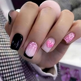 BFY Valentines Day Press on Nails Short Square Fake Nails, Black French Pink Glitter Heart Acrylic Nails Set Stick Glue on Nails, Glossy False Nails Nail Accessories Decorations 24 Pcs