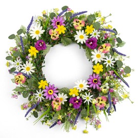 MG MagicGarden Artificial Spring Wreath 22 Inch Spring Wreaths for Front Door Springtime Flower Wreath with Colorful Daisy Pink Phalaenopsis for Springtime Holidays Wall Porch Farmhouse
