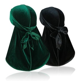 Samserot Premium Velvet Men Durag Headwraps (2PCS) with Extra Long Tail and Wide Straps for 360 Waves, Black+green, Free size