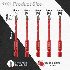 FOCSTOL Tile Drill Bit Set 5 mm - 5 Pieces Carbide Drill Bits with Quick Change Hex Shank for Wood Plastic Masonry Ceramic Tiles Concrete Marble