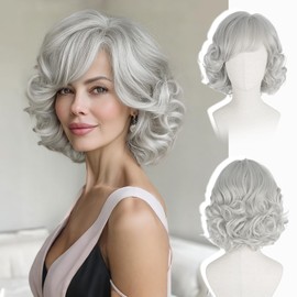 Haloo Grey Short Wigs with Bangs Gray Wavy Curly Natural Layered Synthetic Hair Wig for Women Daily Party Grandma Granny Costume, 12 Inch Platinum Grey
