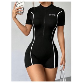 OYOANGLE Women's Half Zip Short Sleeve Workout Romper Tummy Control Shapewear Short Jumpsuit Black Small