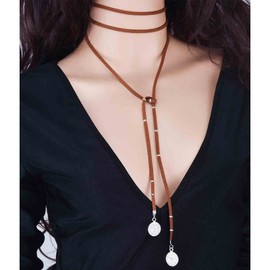 Yheakne Boho Long Leather Necklace Brown Leather Wrap Choker Necklace Vintage Disc Coin Necklace Vagan Suede Necklace Chain Jewelry for Women and Girls (Brown)