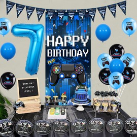 Sursurprise Video Game 7th Birthday Decorations for Boys, Blue Gaming Happy Birthday Door Banner Triangle Flag Garland, Balloons, Gaming 7 Year Old Birthday Party Supplies