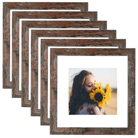 VMUZEDER 8x8 Picture Frame Distressed Rustic Brown Wood Set of 6,Display Pictures 5x5 with Mat or 8x8 Without Mat,Multi Photo Frames Collage for Wall or Tabletop Display