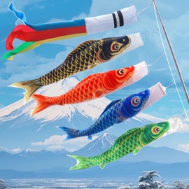 OKBABY Koinobori Koinobori Mini Carp Streamer, 4.6 ft (2 m) Extendable Stand, 5.9 ft (1.3 m), Black Carp, 3.9 ft (1.2 m), Red Carp, Blue Carp, 0.8 m, Green Carp, Made of Premium Polyester Satin, For
