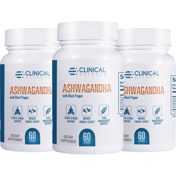 Clinical Effects Ashwagandha with Black Pepper for Stamina and Calm - 3 Pack, 180 Ashwagandha Capsules - Made in The USA