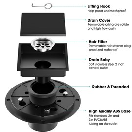 CIFOX 4 Inch Black Shower Drain with Tile Insert Grate Removable Cover, SUS 304 Stainless Steel Square Floor Drain with Flange, Watermark&CUPC Certified, Matte Black