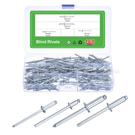 sourcing map 160Pcs 1/8"x1/4", 1/8"x3/8", 5/32"x1/2", 3/16"x1/2" Round Head Blind Rivets Assortment Kit, Zinc-Plated Carbon Steel Grip, and Mandrel Cap Blind Rivets, Silver