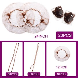 130PCS Hair Nets,30 Invisible Hair Nets (12, 24 Inch) for Ballet Recital,50 U-Shaped Hair Pins 50 Bobby Pins for Bun Maker Kitchen Hair Nets for Men Bun Nets for Women,2 Size Light Brown