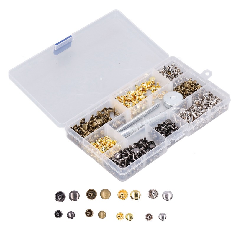 240Pcs Leather Rivet Double Caps Tubular 2 Sizes Metal Set