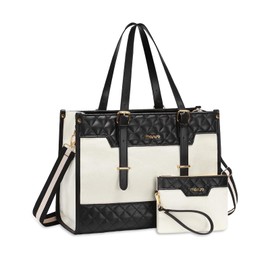 MOSISO Laptop Bag for Women,15-15.6 inch Canvas Laptop Tote Bag,16 inch Large Capacity Rhombus Quilted Work Bag with Clutch Purse,Casual Briefcase Handbag Computer Bag for Business Office Travel,Beige