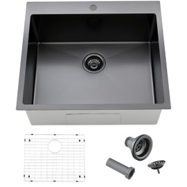 Comllen 25 x 22 Inch Drop In Black Kitchen Sink,Topmount 16 Gauge Stainless Steel Black Kitchen Sinks, 9 Inch Deep Utility RV Sink with Dish Grid and Basket Strainer