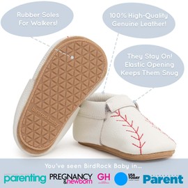 BirdRock Baby Hard Sole Fringeless Moccasins - Genuine Leather Shoes for Boys and Girls (Home Run Baseball, 8)
