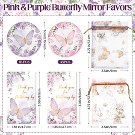 Yuntau 36 Sets Butterfly Baby Shower Party Favors, Butterfly Compact Pocket Mirrors and Thank You Cards Gifts Bulk for guests Bridal Shower Wedding Gender Reveal Party (Purple & Pink)