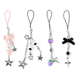Lotsdonxia 4 Pcs Cute Pink Butterfly & Star Phone Charm Strap – Y2K Style Trendy Decorative Keyring for Phones, Bags, and Accessories