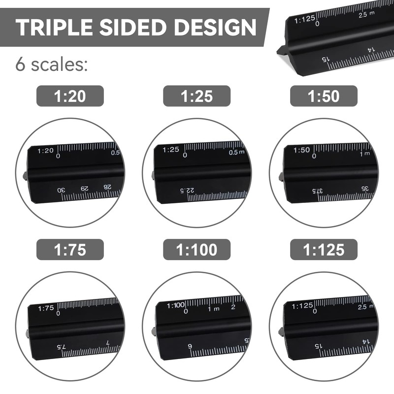 2Pcs Architectural Scale Ruler, Black Aluminum Triangular Scale Ruler 30cm,