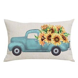 WENIANRU Blue Pickup Truck Yellow Sunflowers Summer Fall Y'all Autumn Home Sofa Chair Bed Decoration Lumbar Pillowcase Cotton Linen Decorative Throw Pillow Cover Case Rectangular 12 x 20 Inches