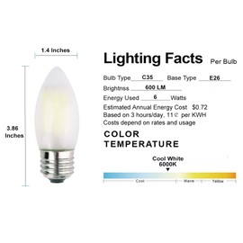 OPALRAY C35 6W(60W Incandescent Equivalent) LED Candelabra Bulb, LED Filament Lamp, E26 Base, 6000K Cool White Bright Light Color, Dimmable, Frosted Glass, Torpedo Tip, Unit Count 3
