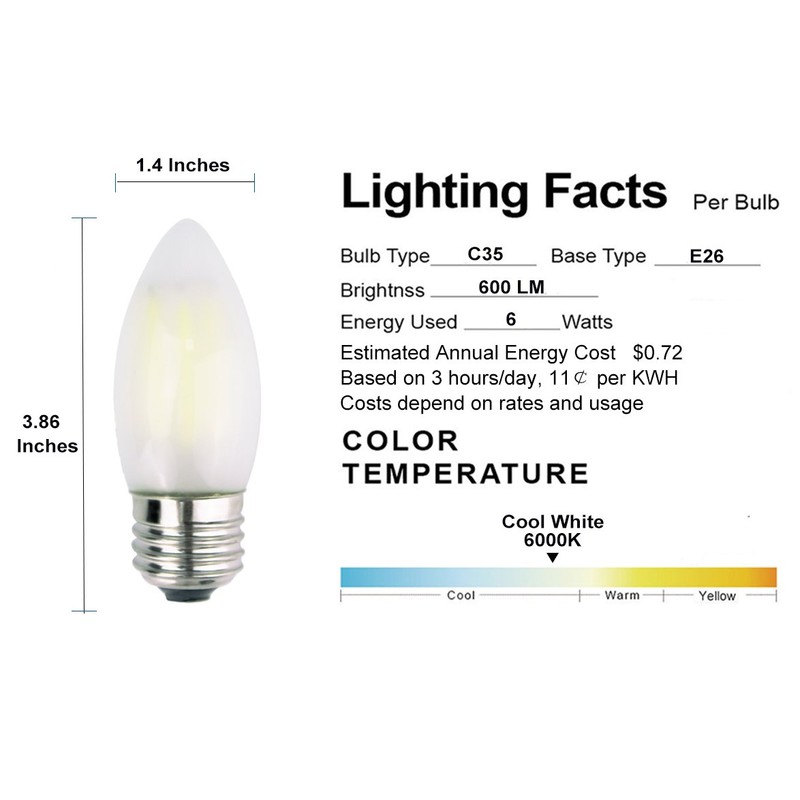 OPALRAY C35 6W(60W Incandescent Equivalent) LED Candelabra Bulb, LED Filament