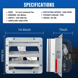 GCJ 12 Inch Shutter Exhaust Fan Wall Mounted, High-Speed 1600 RPM, Attic Fan, Suitable for Ventilation, Extraction, and Exhaust in Garages, Greenhouses, Shops, Attics, and Sheds
