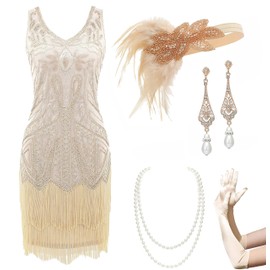 BABEYOND 1920s Women's Flapper Dress with Short Sleeves Gatsby Theme Party Women's Costume Dress Set - BeigeS