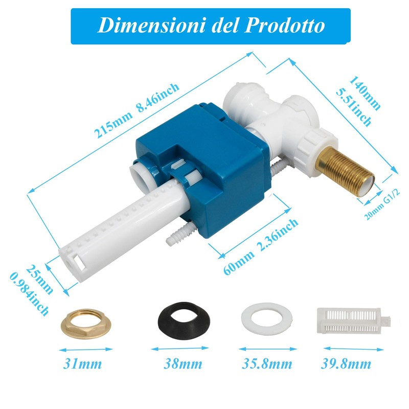 MendorioToilet Cistern Fill Valve, Universal 1/2" Brass Side Entry Inlet