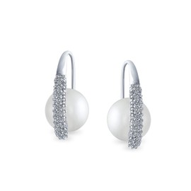 Bridal White Simulated Pearl Earrings For Women Fish Wire Pave CZ Rhodium Plated Brass 10mm